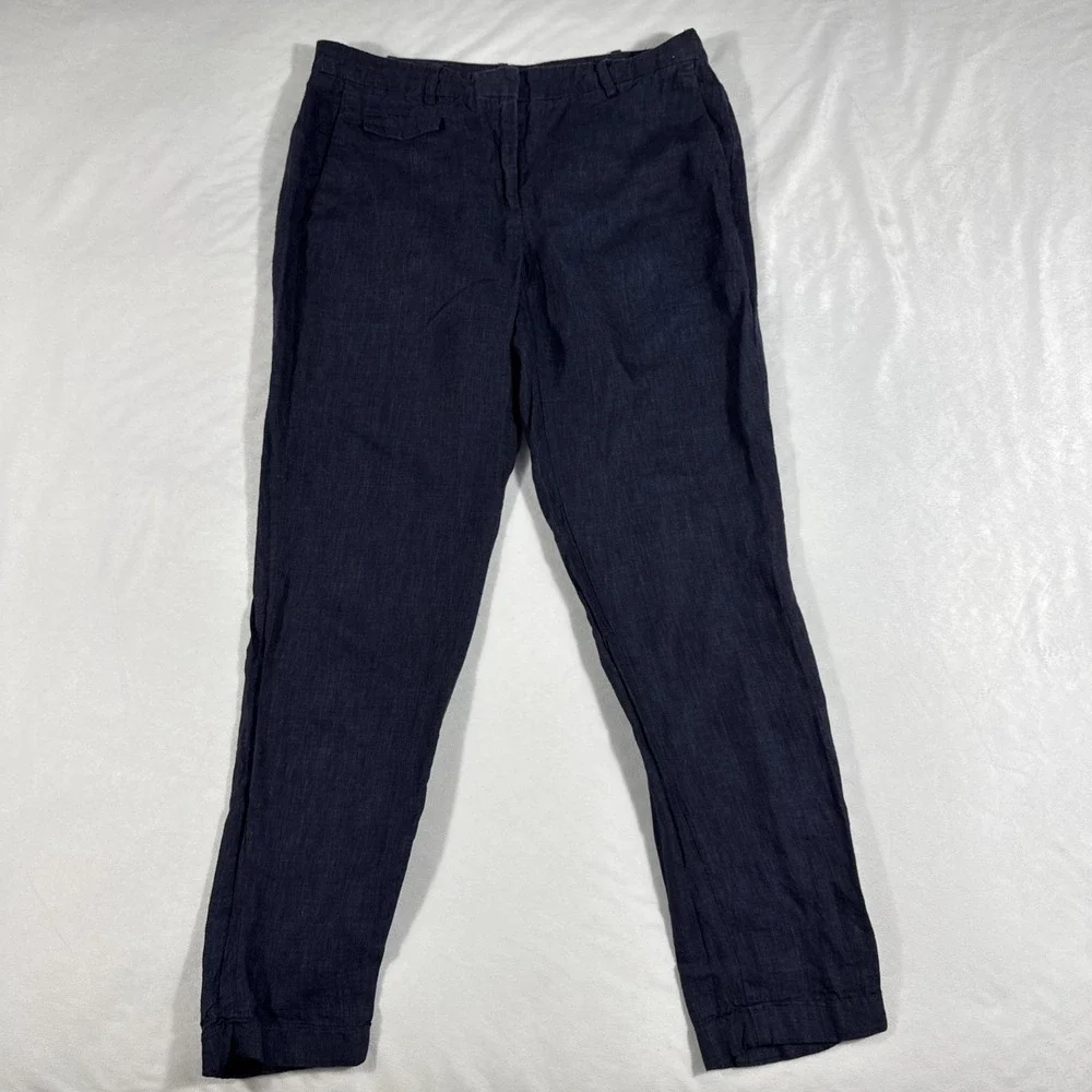 Zara Basic's Pants Women's Size 6 Navy Blue 100% Linen Minimalist Trousers‎